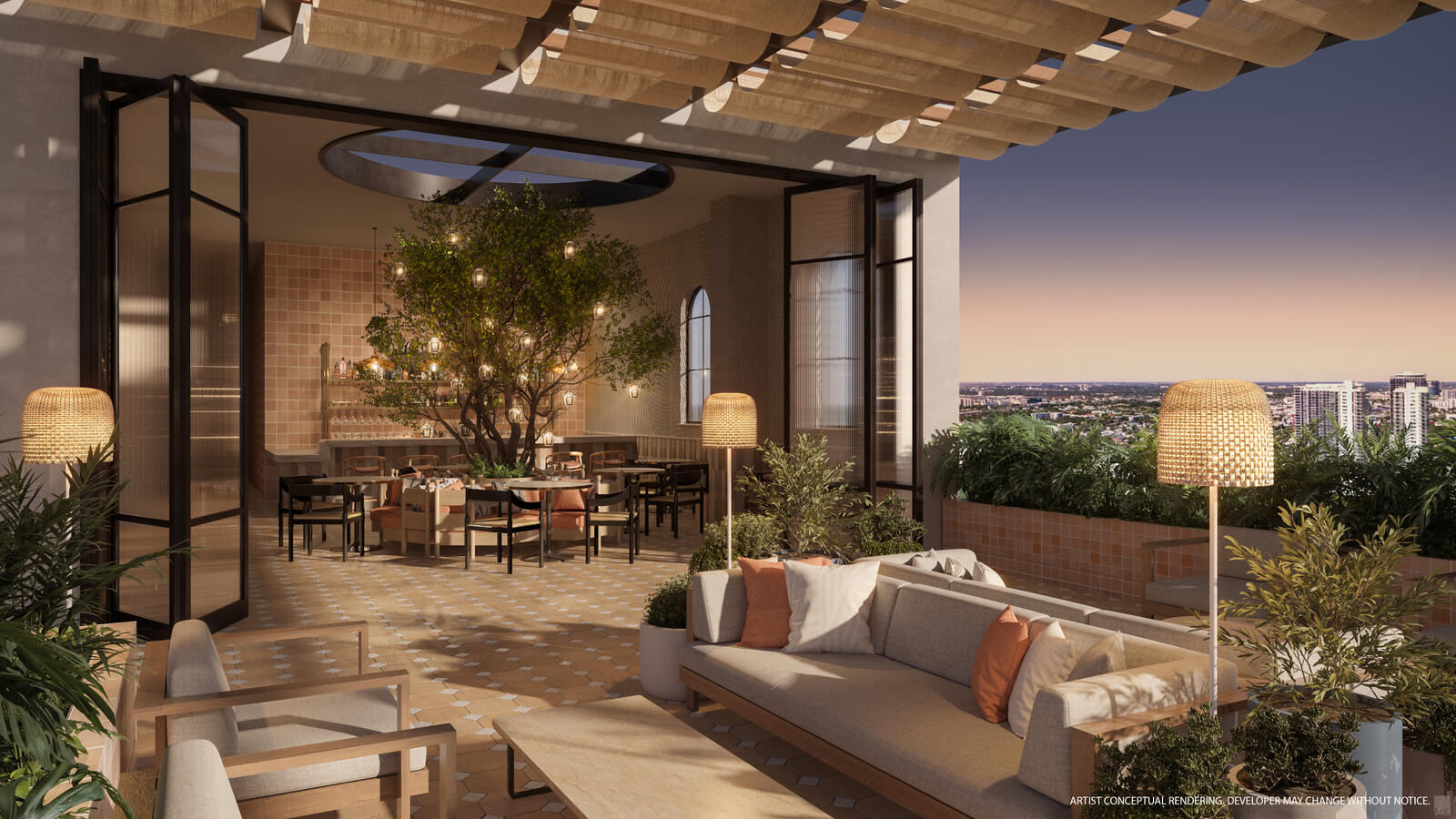 Acogedor salón con chimenea e impresionantes vistas del horizonte de la Bahía de Biscayne